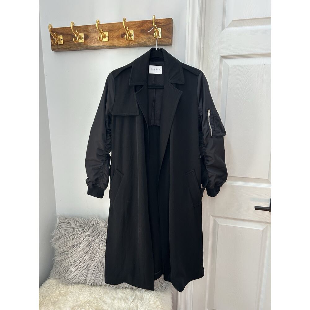 Sandro Paris Black Waterloo Mixed Media Trench Coat Size 36 Small